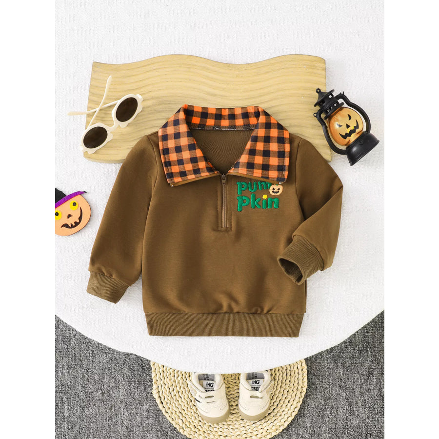 Children’s Pumpkin Quarter-Zip Plaid Collar Sweatshirt Dark Brown / 6-12M Apparel and Accessories