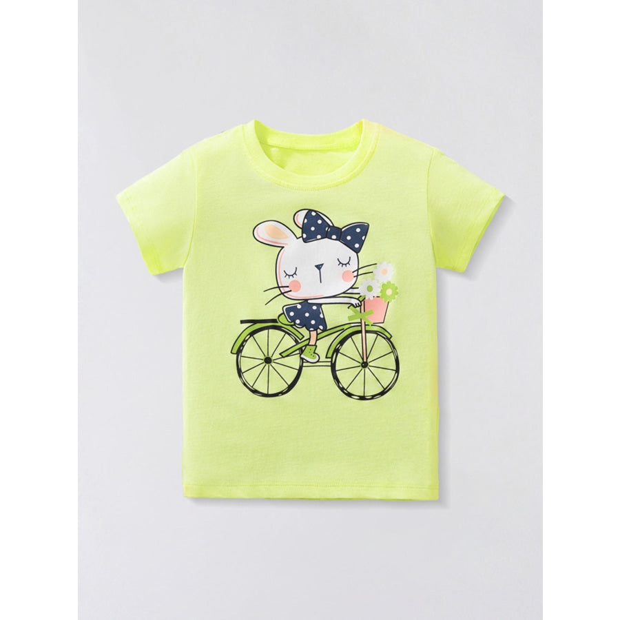 Children’s Rabbit Bicycle Graphic Short Sleeve T-Shirt Yellow Green / 3Y Apparel and Accessories