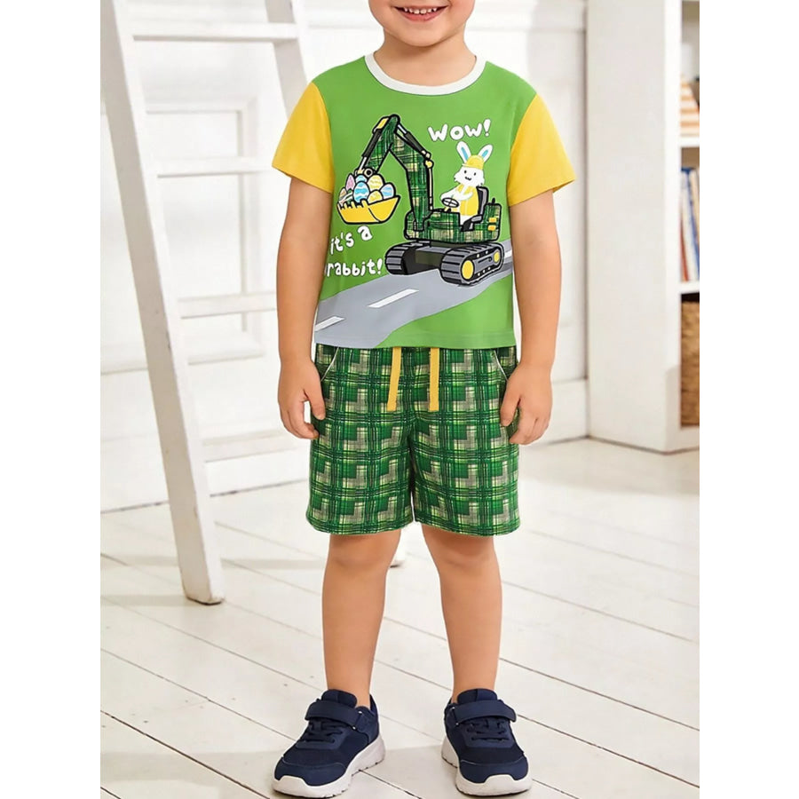 Children’s Rabbit Excavator Print Tee and Shorts Set Green / 2Y Apparel and Accessories