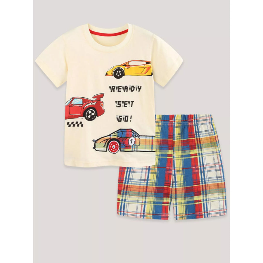Children’s Racing Car Print T-Shirt and Plaid Shorts Set Apparel and Accessories
