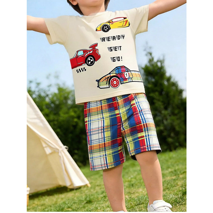Children’s Racing Car Print T-Shirt and Plaid Shorts Set Beige / 2Y Apparel and Accessories