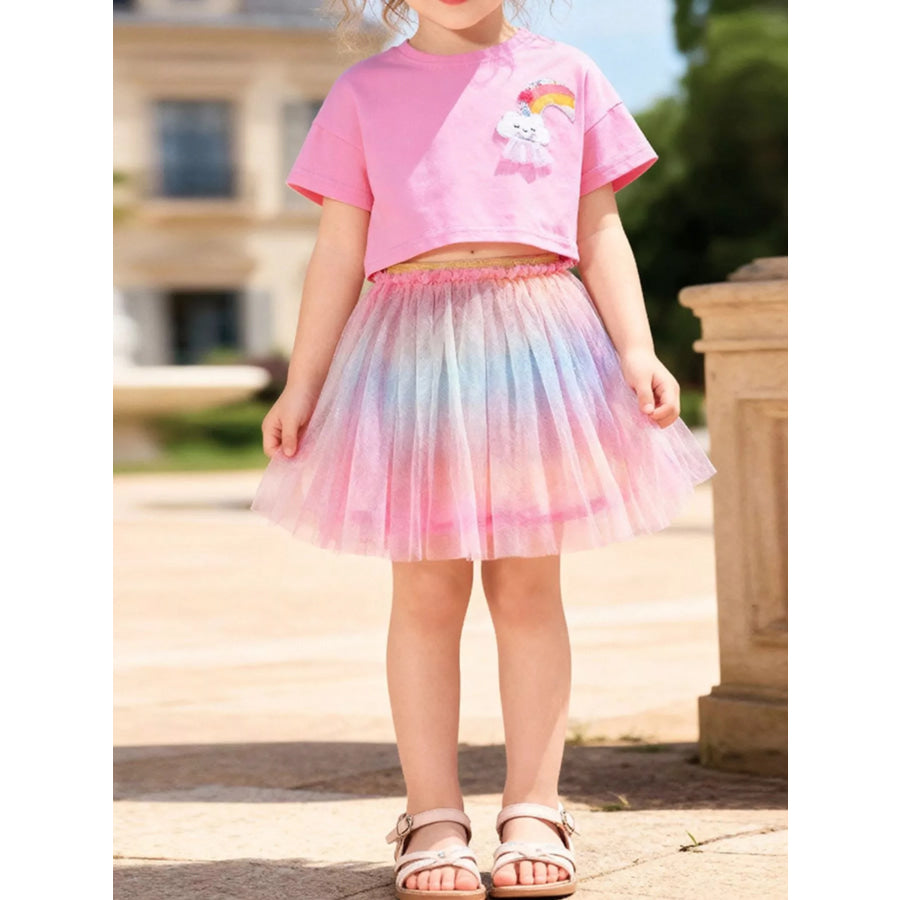 Children’s Rainbow Cloud Applique Top and Tulle Skirt Set Pink / 2Y Apparel and Accessories