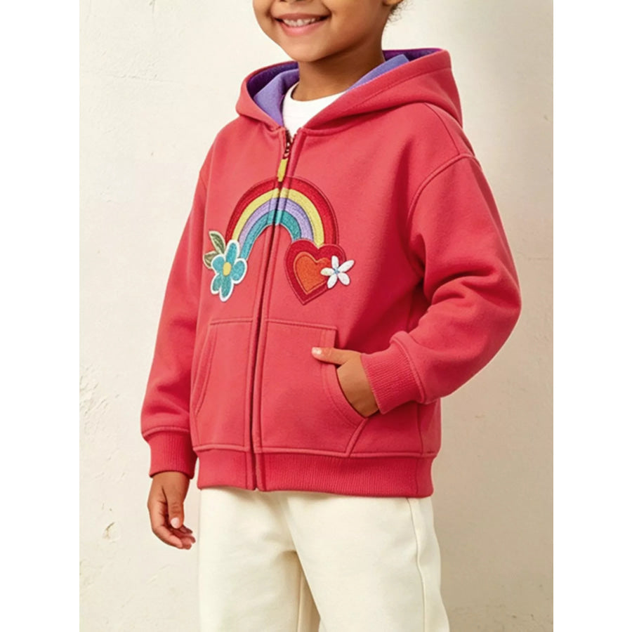 Children’s Rainbow Embroidered Fleece Zip-Up Jacket Coral / 2Y Apparel and Accessories