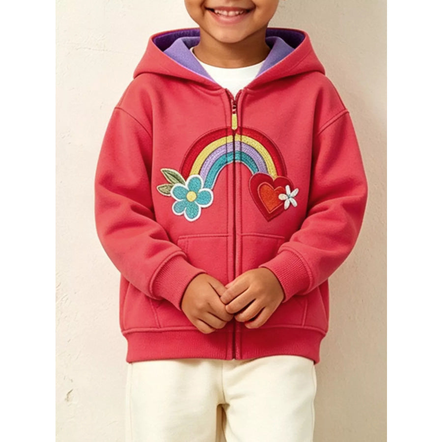 Children’s Rainbow Embroidered Fleece Zip-Up Jacket Coral / 2Y Apparel and Accessories
