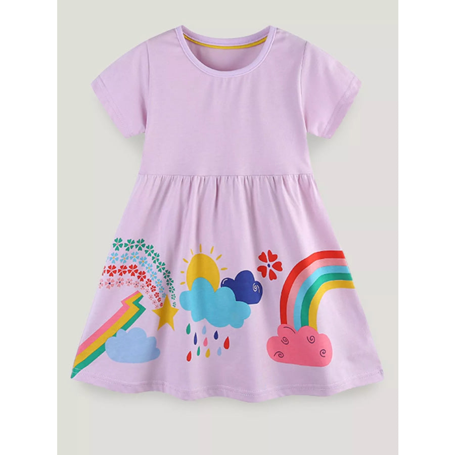 Children’s Rainbow Print Casual Short Sleeve Dress Lavender / 2Y Apparel and Accessories