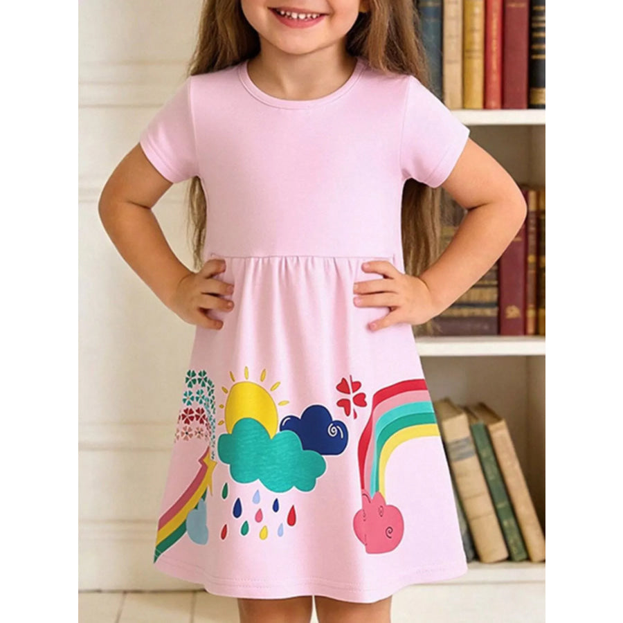 Children’s Rainbow Print Short Sleeve Casual Dress Blush Pink / 2Y Apparel and Accessories