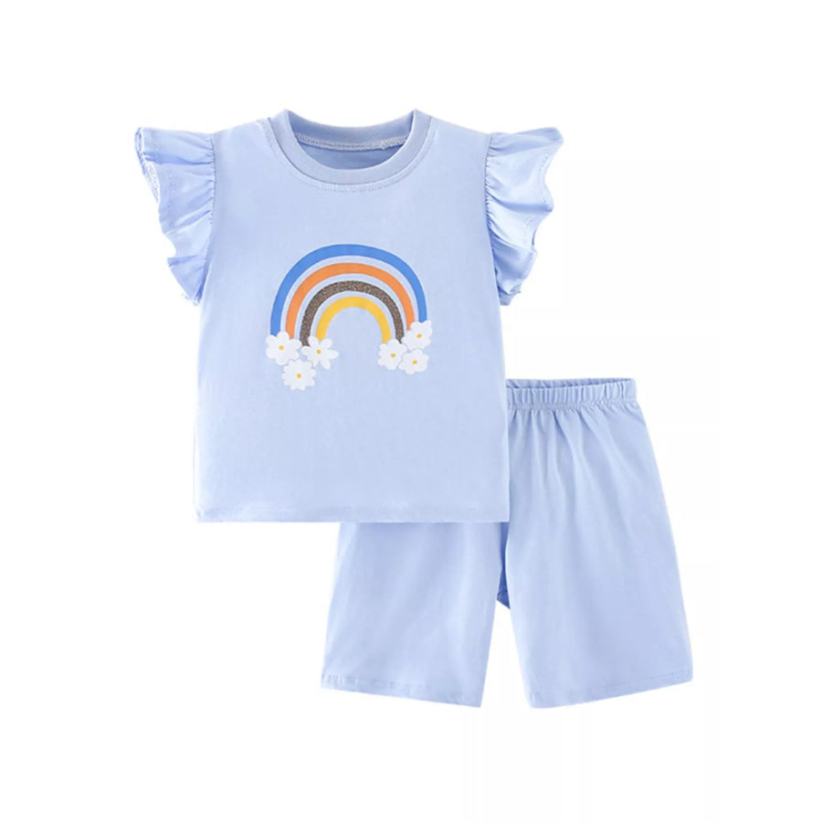 Children’s Rainbow Ruffle Sleeve Top and Shorts Set Light Blue / 4Y Apparel and Accessories
