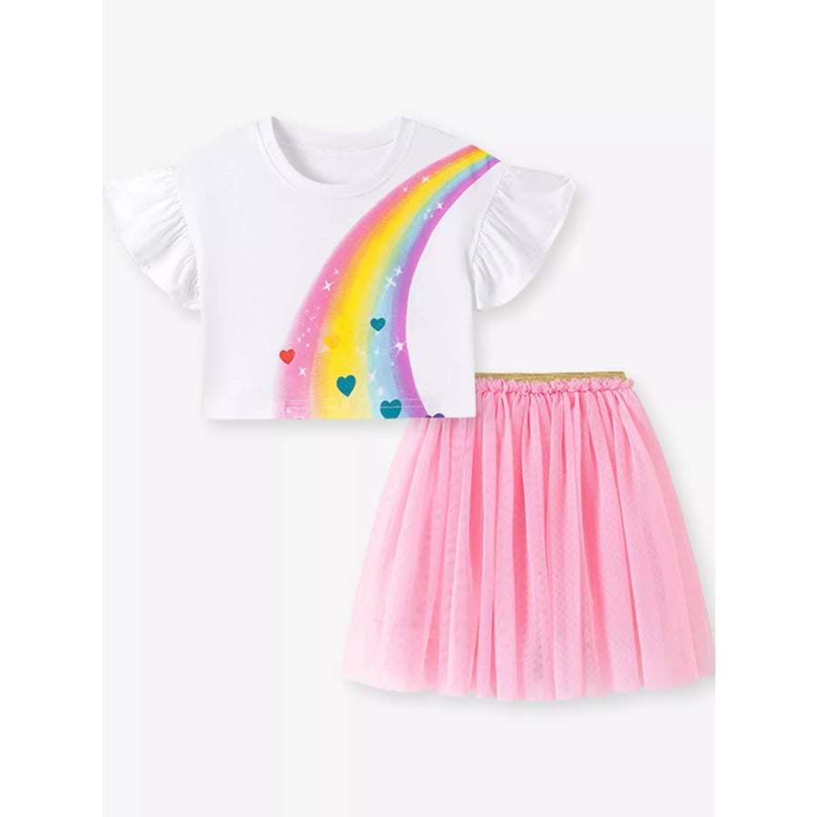 Children’s Rainbow Ruffle Sleeve Top and Tulle Skirt Set Apparel Accessories