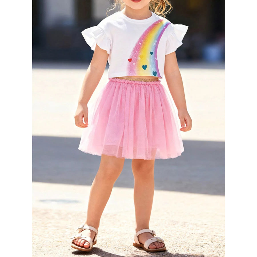 Children’s Rainbow Ruffle Sleeve Top and Tulle Skirt Set White / 2Y Apparel Accessories