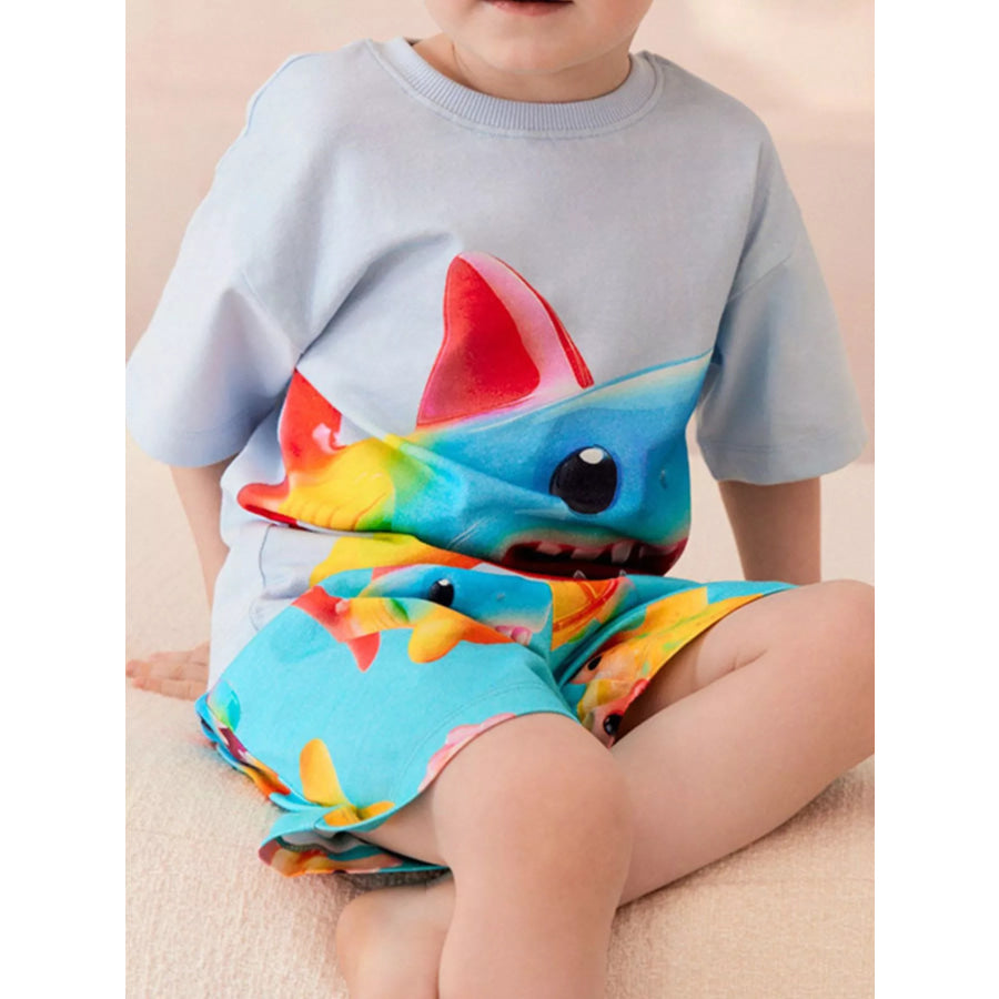Children’s Rainbow Shark Print Tee and Shorts Set Light Gray / 3Y Apparel and Accessories