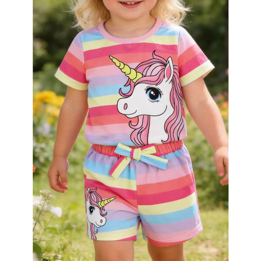 Children’s Rainbow Striped Unicorn T-Shirt and Shorts Set Rose Red / 6-9M Apparel and Accessories
