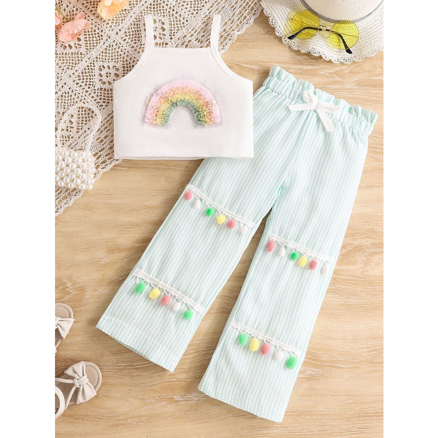 Children’s Rainbow Top & Striped Pom Pom Pants Set White / 12-18M Apparel and Accessories