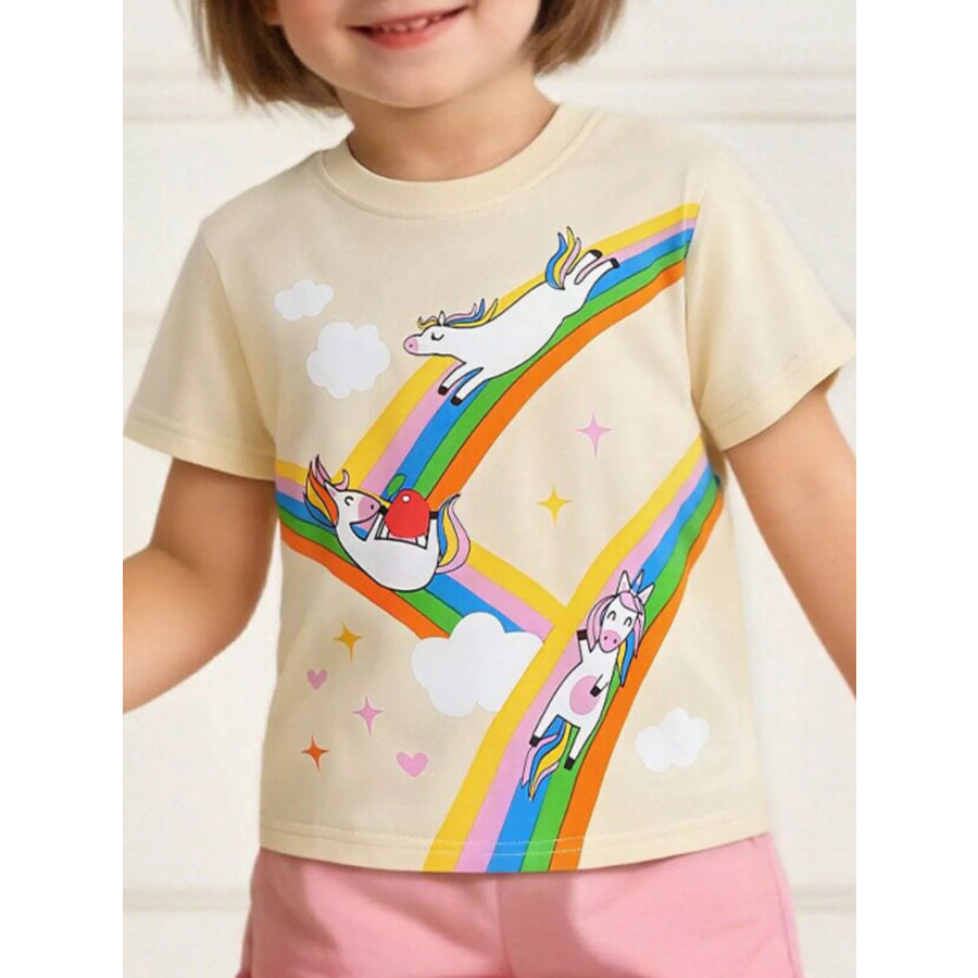 Children’s Rainbow Unicorn Graphic Round Neck T-Shirt Cream / 2Y Apparel and Accessories