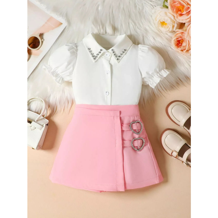 Children’s Rhinestone Collar Blouse & Heart Buckle Skirt Set Pink / 2-3 Apparel and Accessories