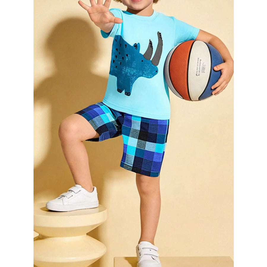 Children’s Rhino Graphic Tee & Plaid Shorts Set Pastel Blue / 2Y Apparel and Accessories