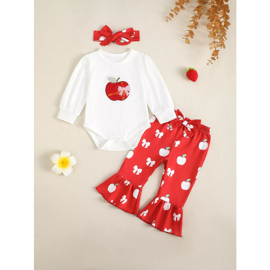 Children’s Ribbed Apple Bodysuit & Flare Pants Set with Headband White / 3-6M Apparel and Accessories