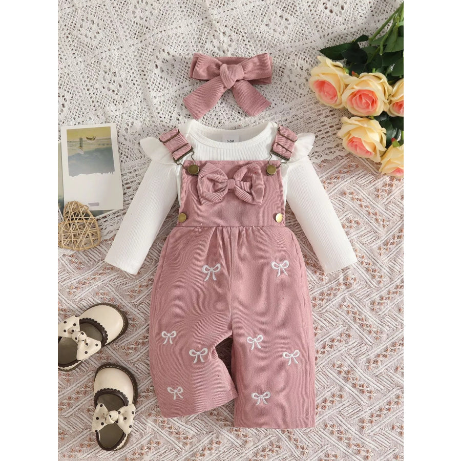 Children’s Ribbed Bodysuit and Bow-Embroidered Overall Set with Headband Apparel Accessories