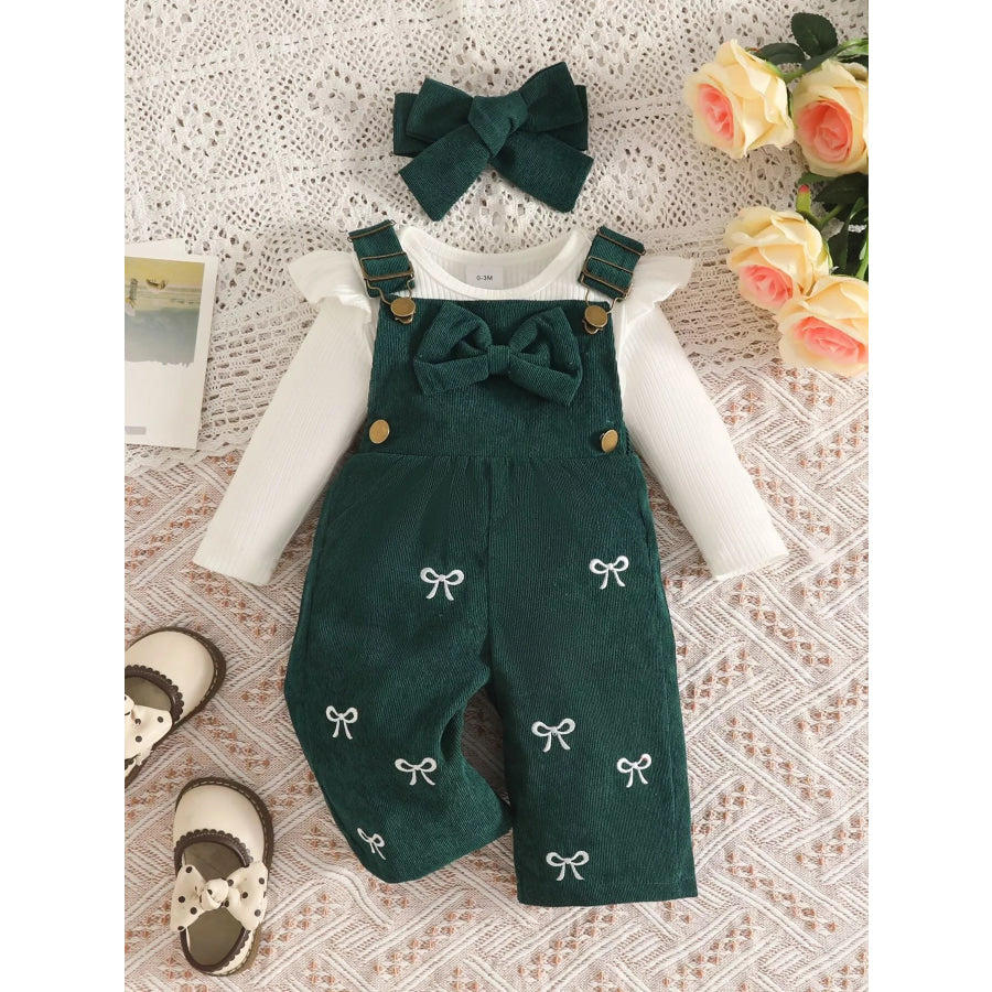 Children’s Ribbed Bodysuit and Bow-Embroidered Overall Set with Headband Apparel Accessories