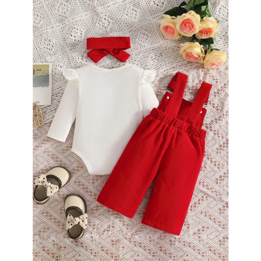Children’s Ribbed Bodysuit and Bow-Embroidered Overall Set with Headband Apparel Accessories