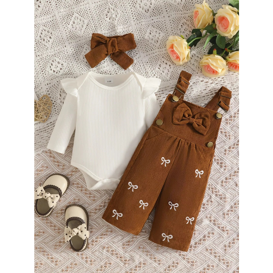 Children’s Ribbed Bodysuit and Bow-Embroidered Overall Set with Headband Apparel Accessories
