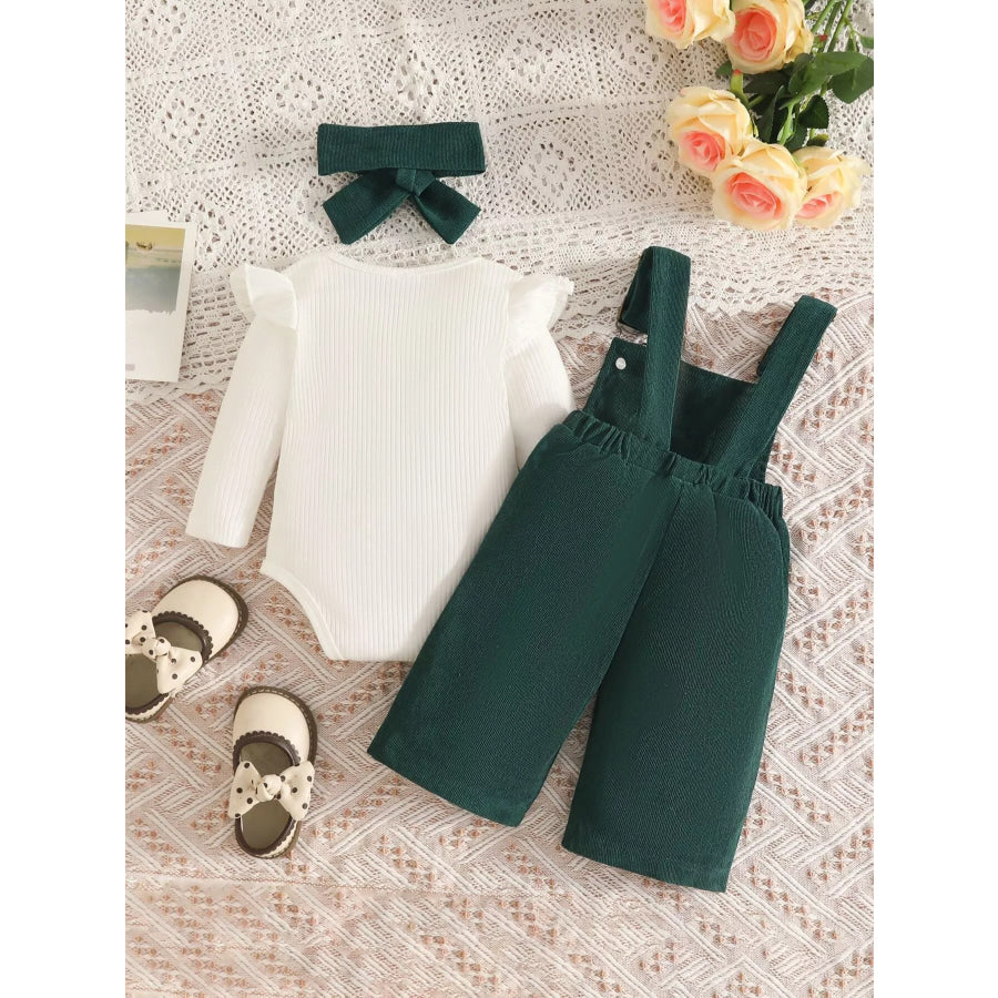 Children’s Ribbed Bodysuit and Bow-Embroidered Overall Set with Headband Apparel Accessories