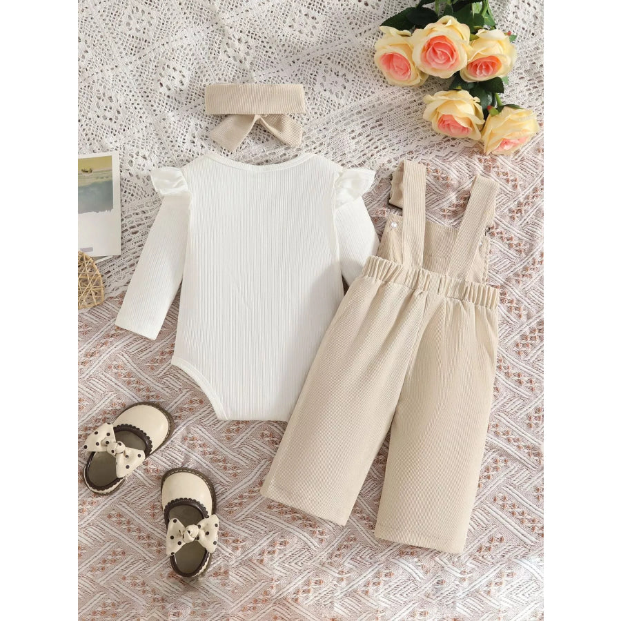 Children’s Ribbed Bodysuit and Bow-Embroidered Overall Set with Headband Apparel Accessories