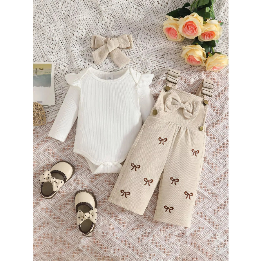 Children’s Ribbed Bodysuit and Bow-Embroidered Overall Set with Headband Apricot Color / 0-3M Apparel Accessories
