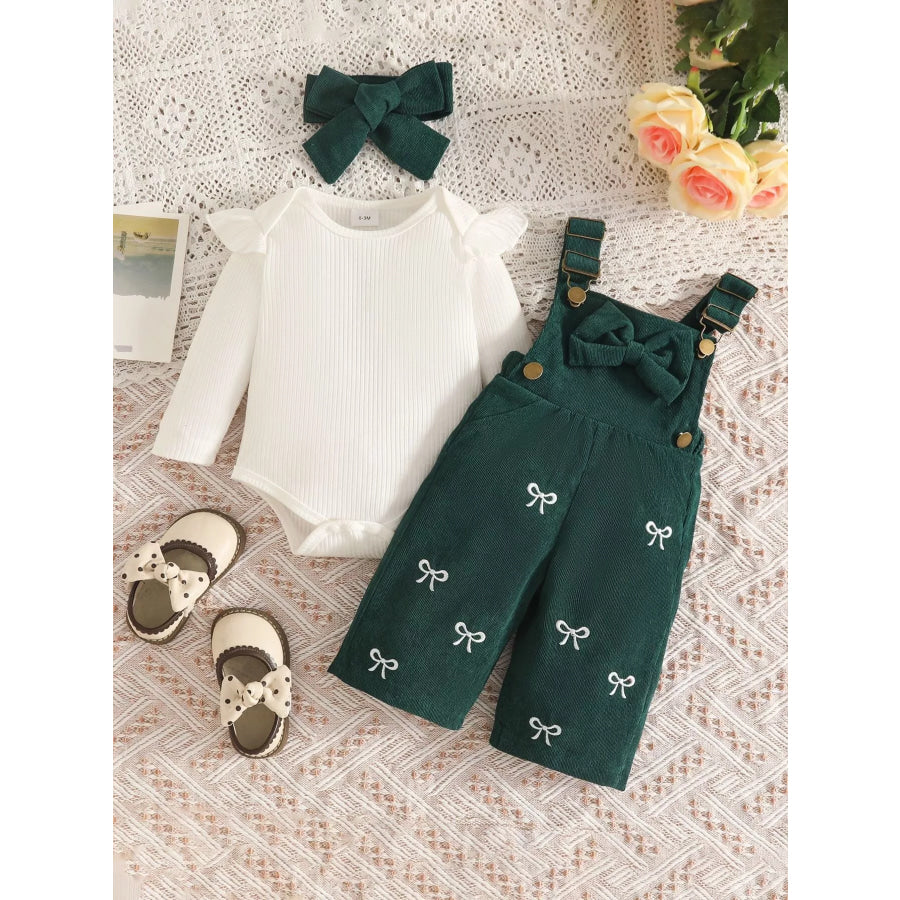 Children’s Ribbed Bodysuit and Bow-Embroidered Overall Set with Headband Dark Green / 0-3M Apparel Accessories