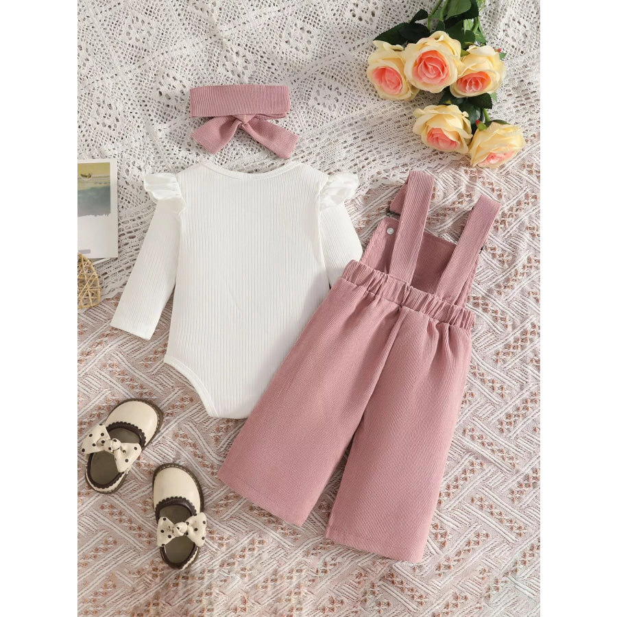 Children’s Ribbed Bodysuit and Bow-Embroidered Overall Set with Headband Pink / 0-3M Apparel Accessories
