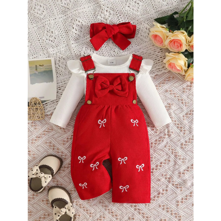 Children’s Ribbed Bodysuit and Bow-Embroidered Overall Set with Headband Red / 0-3M Apparel Accessories