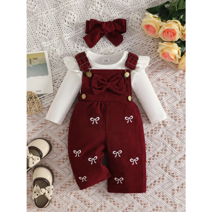 Children’s Ribbed Bodysuit and Bow-Embroidered Overall Set with Headband Wine Red / 0-3M Apparel Accessories
