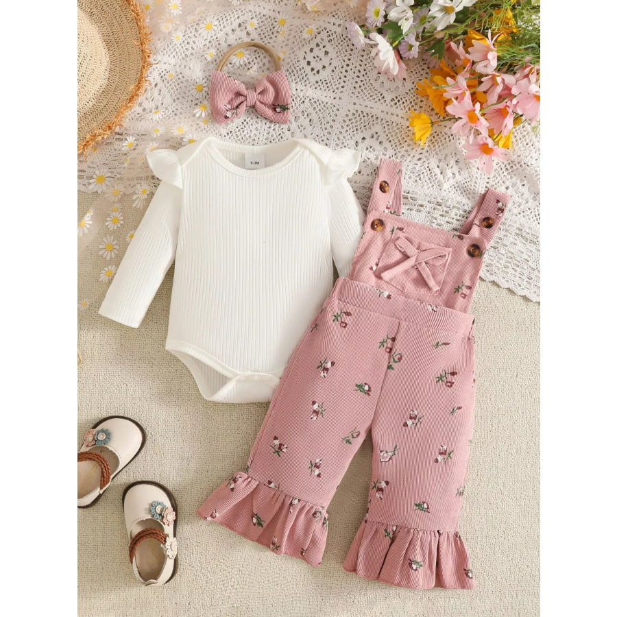 Children’s Ribbed Bodysuit and Overalls Set with Headband Pink / 0-3M Apparel Accessories