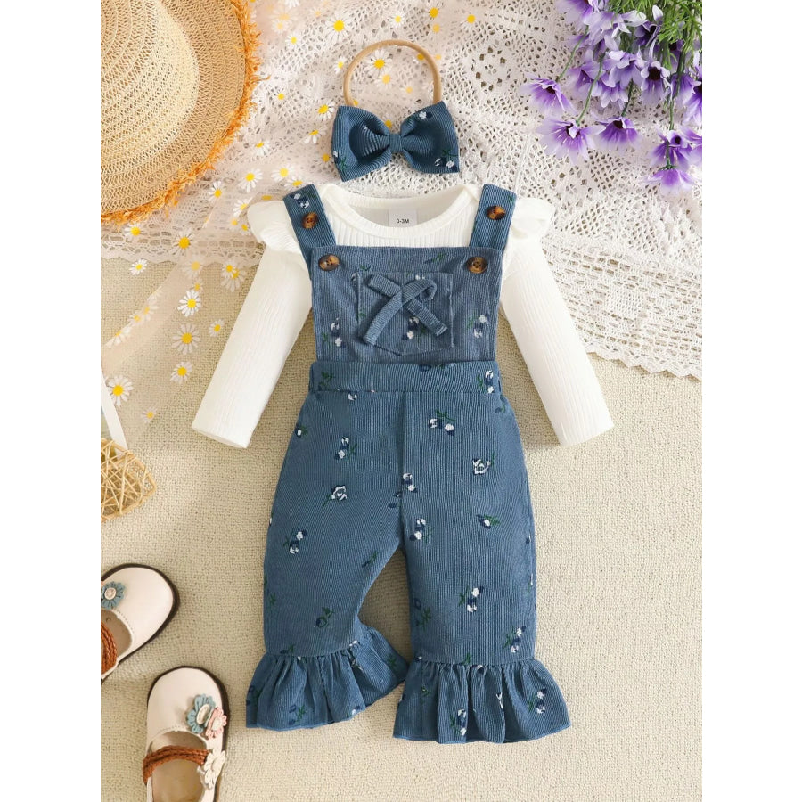 Children’s Ribbed Bodysuit and Overalls Set with Headband Dark Blue / 0-3M Apparel Accessories