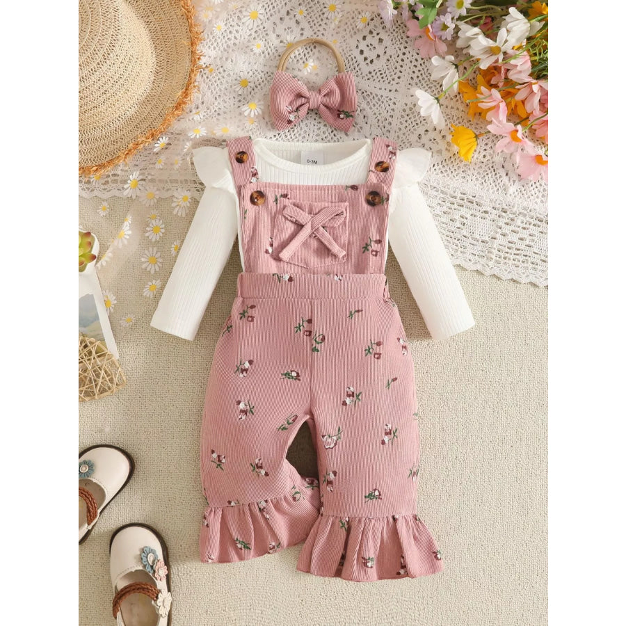Children’s Ribbed Bodysuit and Overalls Set with Headband Pink / 0-3M Apparel Accessories