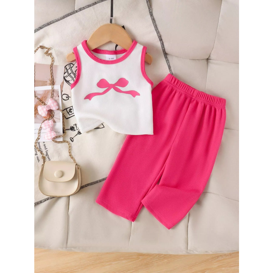 Children’s Ribbed Bow Tank Top and Pants Set 玫红色 / 6-9M Apparel and Accessories