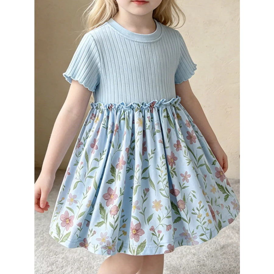 Children’s Ribbed Knit & Floral Print Short Sleeve Dress Light Blue / 3T Apparel and Accessories