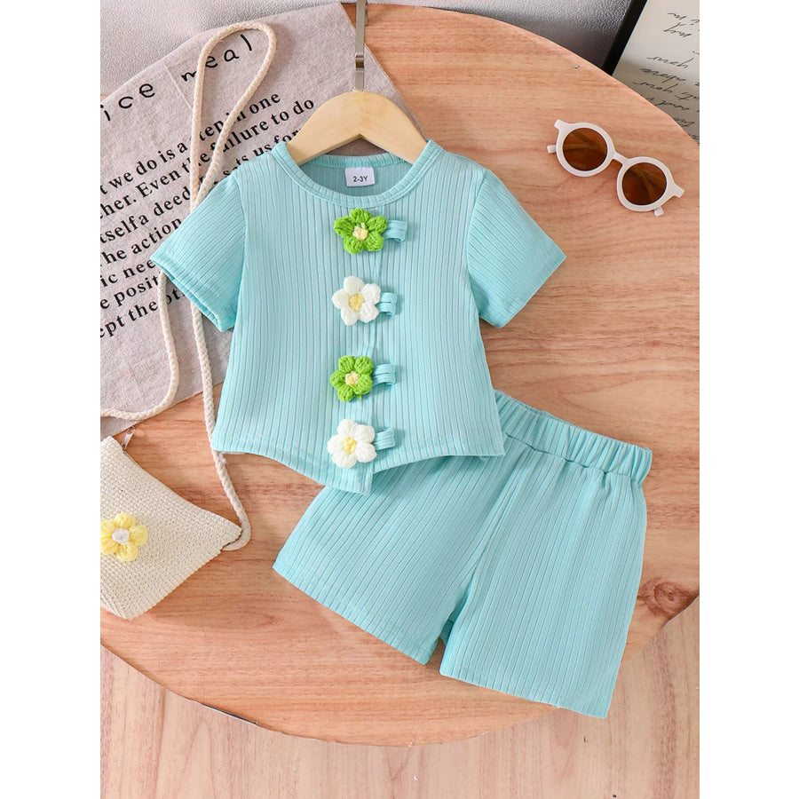 Children’s Ribbed Knit Flower Top and Shorts Set Green / 2-3Y Apparel Accessories