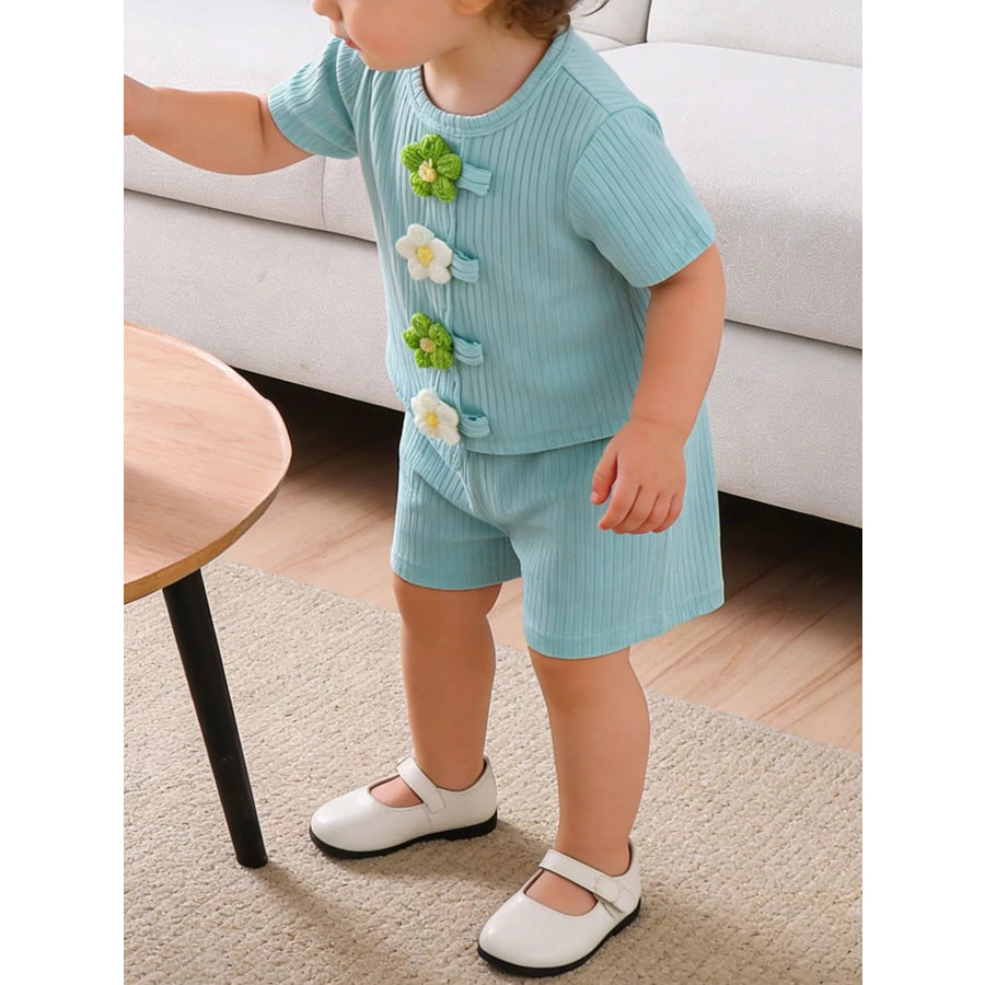 Children’s Ribbed Knit Flower Top and Shorts Set Green / 2-3Y Apparel Accessories
