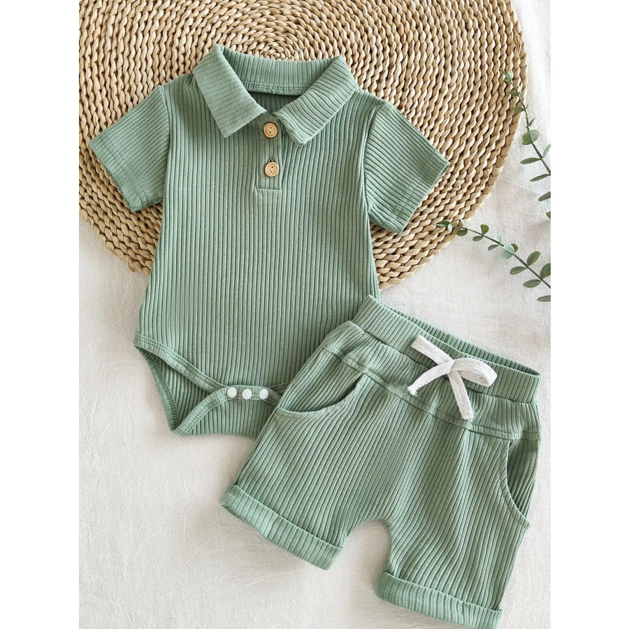 Children’s Ribbed Knit Polo Bodysuit & Shorts Set Army Green / 0-3M Apparel and Accessories