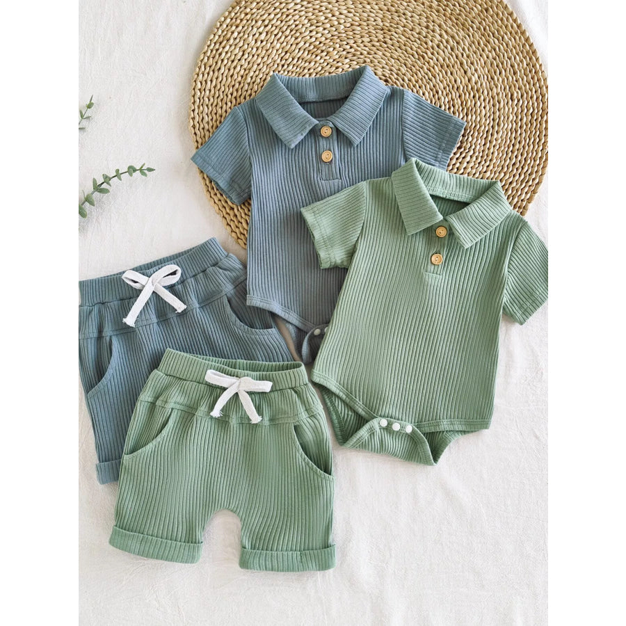 Children’s Ribbed Knit Polo Bodysuit & Shorts Set Army Green / 0-3M Apparel and Accessories
