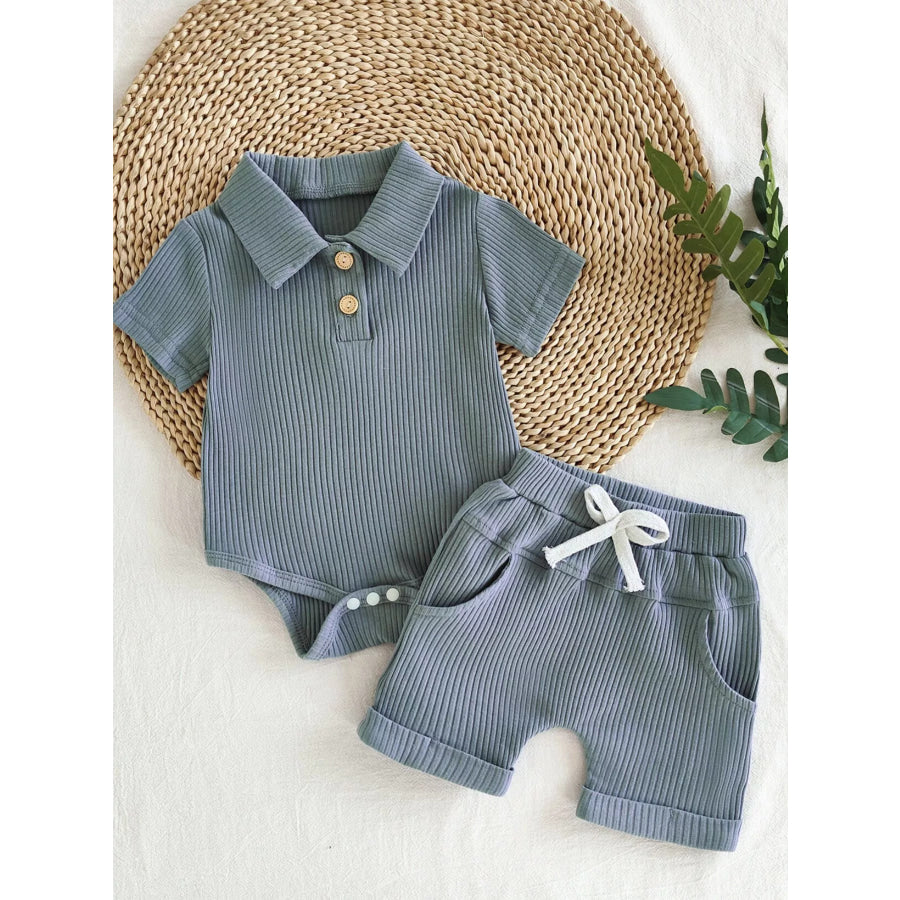 Children’s Ribbed Knit Polo Bodysuit & Shorts Set Sea blue / 0-3M Apparel and Accessories
