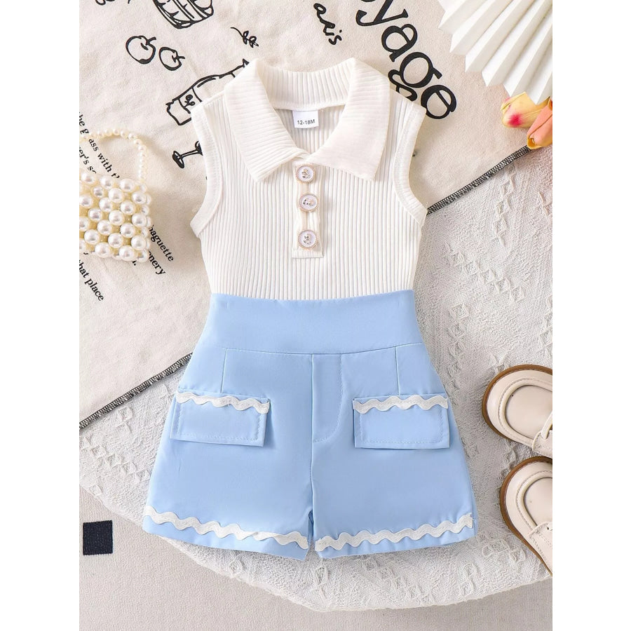 Children’s Ribbed Knit Polo Top and Scalloped Pocket Shorts Set Blue / 12-18M Apparel and Accessories