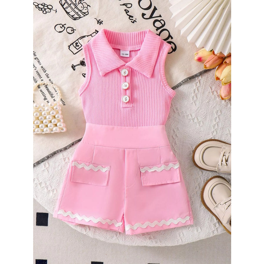 Children’s Ribbed Knit Polo Top and Scalloped Pocket Shorts Set Pink / 12-18M Apparel and Accessories