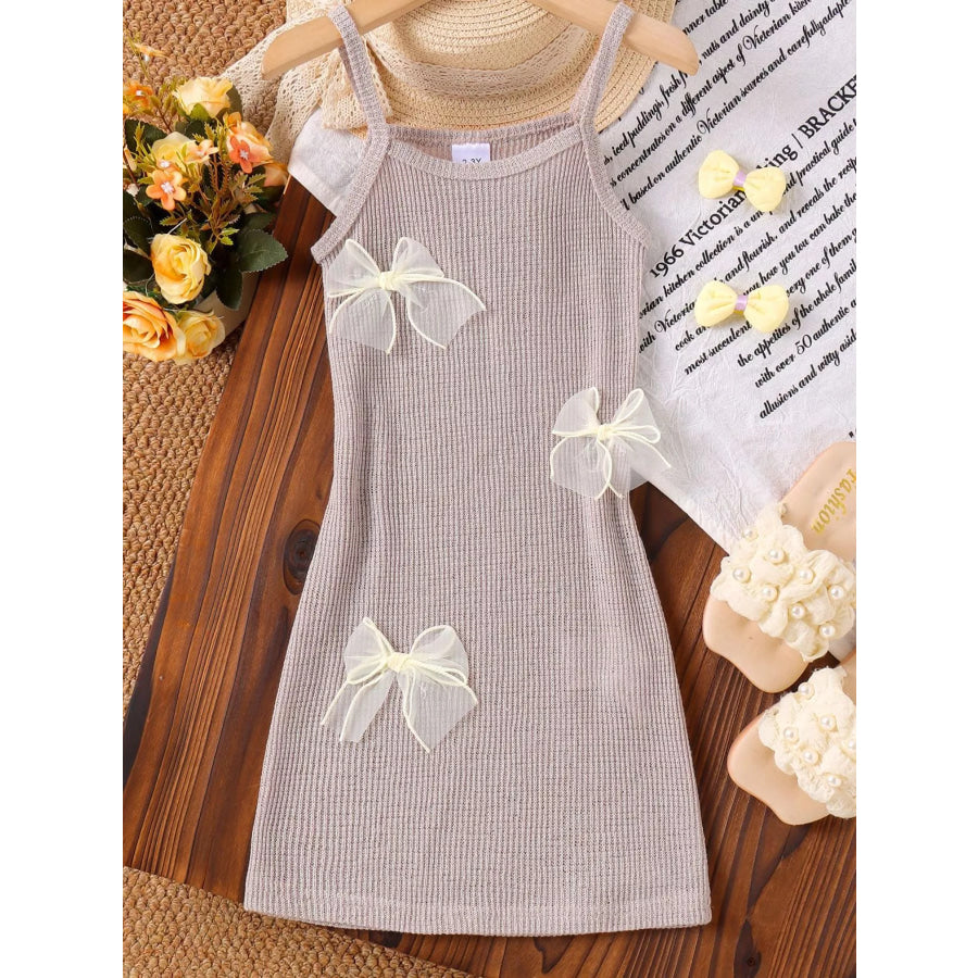 Children’s Ribbed Knit Spaghetti Strap Dress with Bow Khaki / 2-3Y Apparel and Accessories