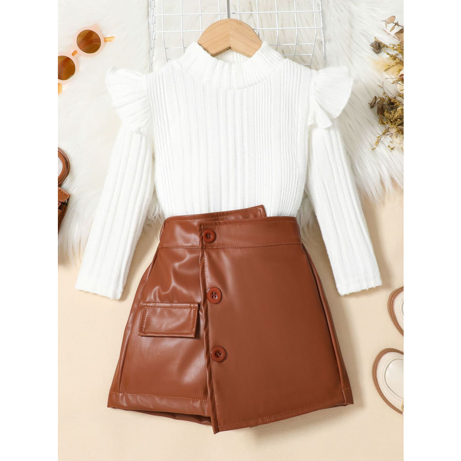 Children’s Ribbed Knit Top and Leather Skirt Set Brown / 18-24M Apparel and Accessories