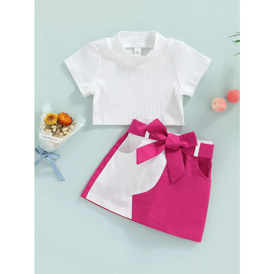 Children’s Ribbed Knit Top & Bow Decor Skirt Set Rose Red / 18-24M Apparel and Accessories