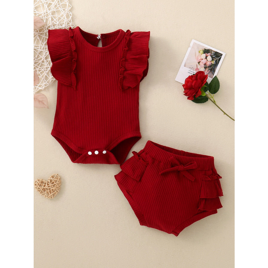 Children’s Ribbed Ruffle Trim Bodysuit & Shorts Set Red / 0-6M Apparel and Accessories