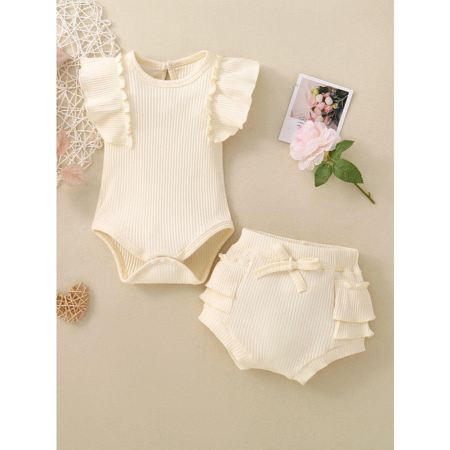 Children’s Ribbed Ruffle Trim Bodysuit & Shorts Set White / 0-6M Apparel and Accessories