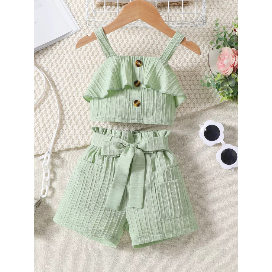 Children’s Ribbed Ruffle Trim Top & Shorts Set Light Green / 2-3 Apparel and Accessories