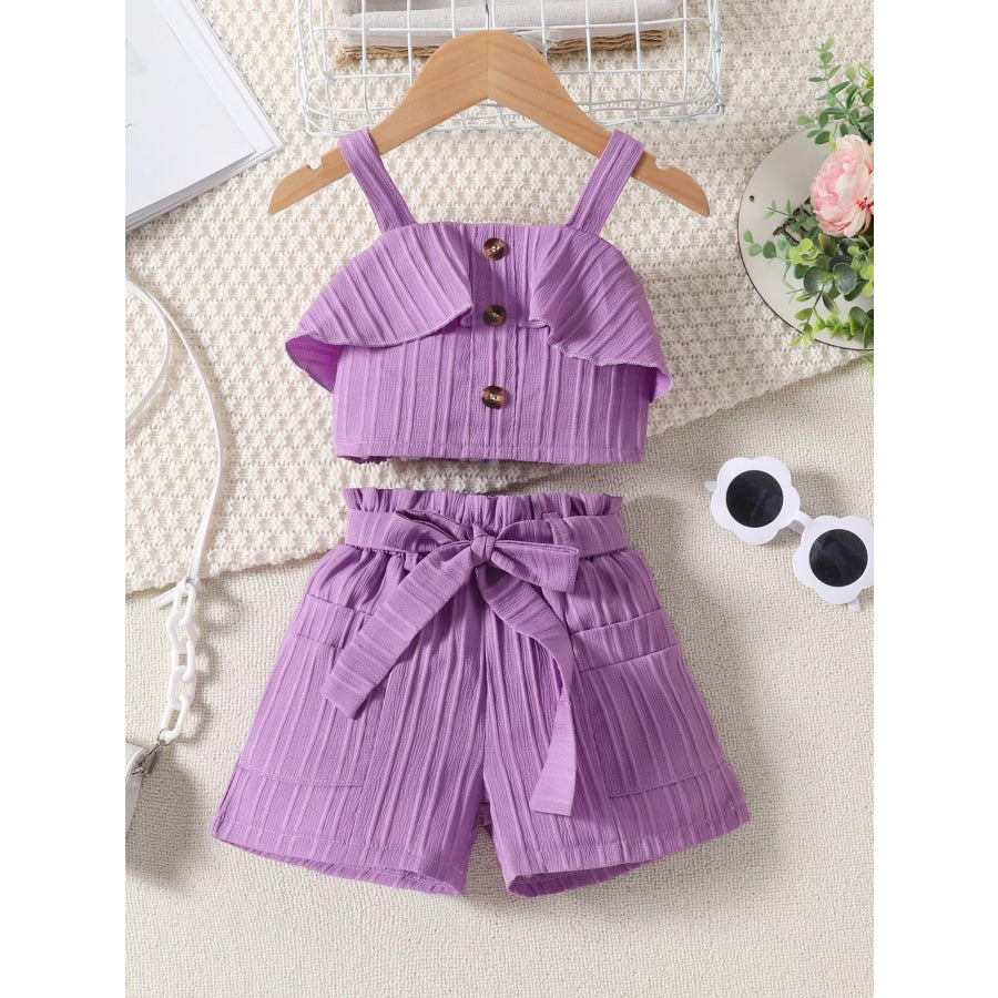 Children’s Ribbed Ruffle Trim Top & Shorts Set Violet / 2-3 Apparel and Accessories